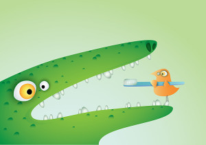 Bird brushing crocodiles teeth artwork